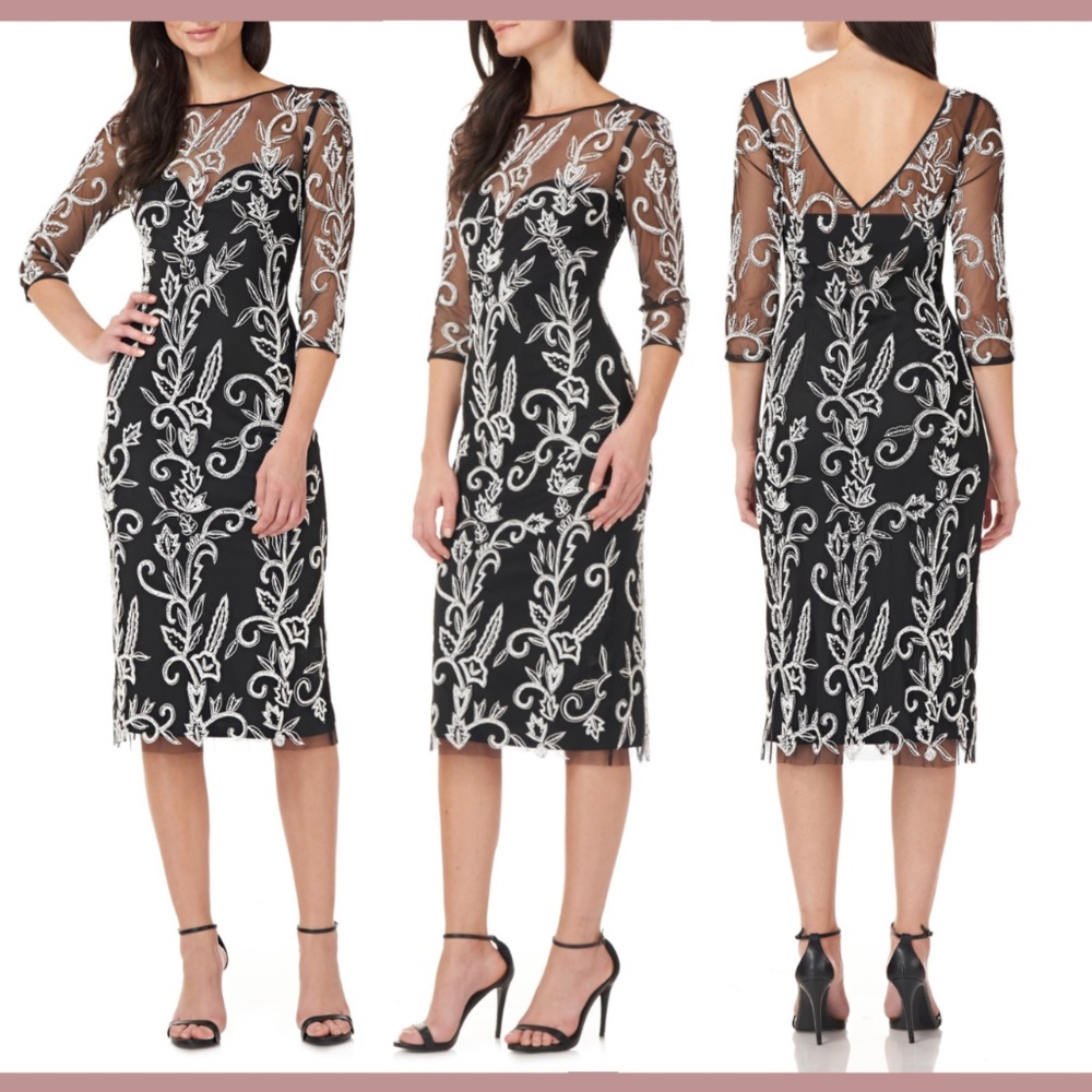 NEW $348 JS COLLECTIONS [ 4 ]‎ Beaded Midi Cocktail Dress in Black/White
